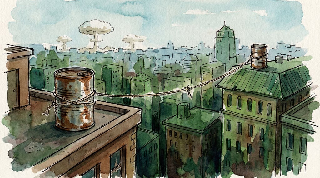 Two tin cans connected by a long string that stretches across an entire city skyline between two roo (3py7qpdb)