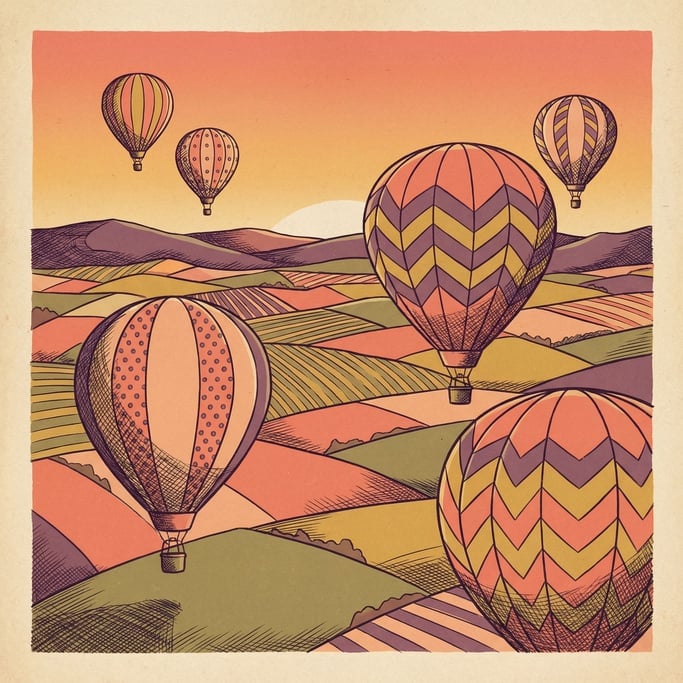 Hot air balloons drifting over a patchwork countryside, each balloon painted with a unique pattern (ndk43nkd)