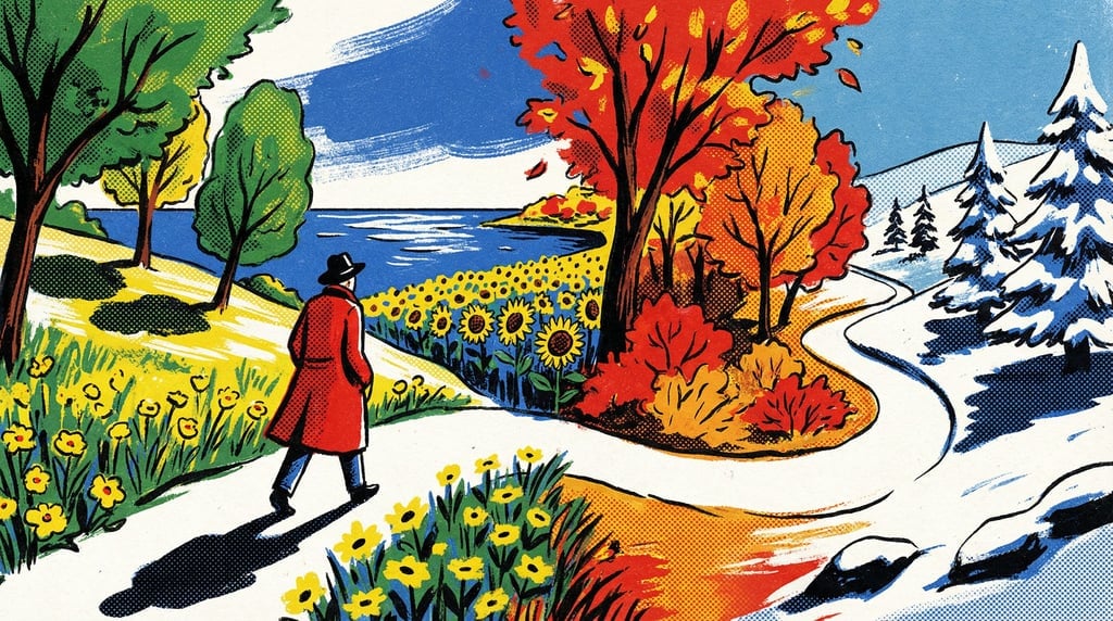 A person walking along a path where the landscape seamlessly transitions through all four seasons ar