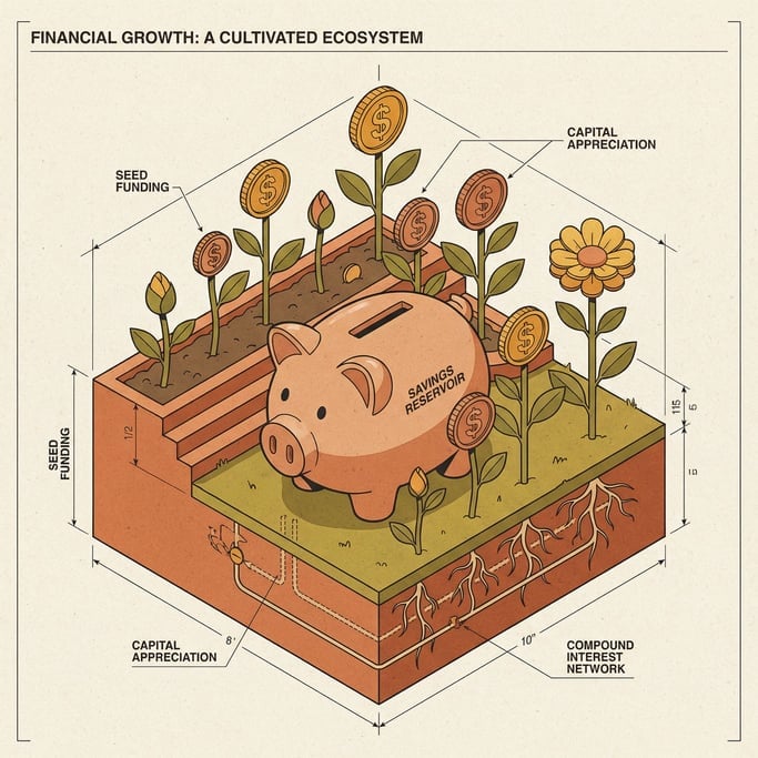 A piggy bank sitting in a garden where coins grow on stems like sunflowers