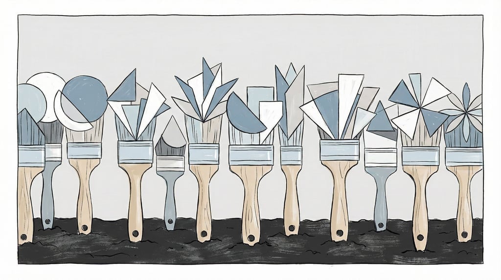 Paintbrushes planted handle-down in rich soil, bristle-ends blooming like flowers in a garden row