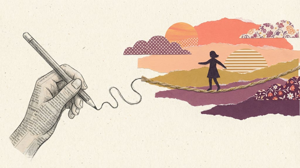 A pencil drawing a single line that extends forward and becomes a tightrope with a small figure walk