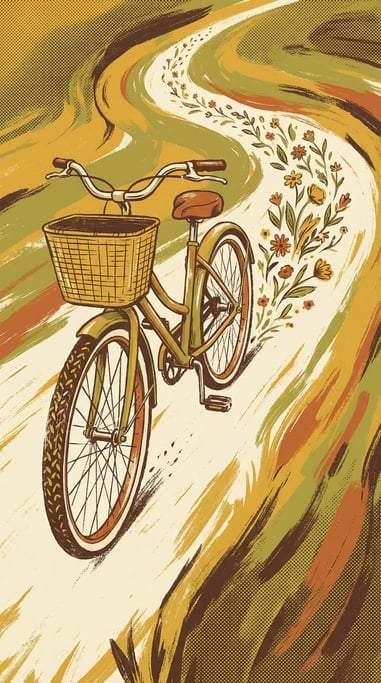 A bicycle with wheels that leave a trail of sprouting wildflowers wherever they roll on the path