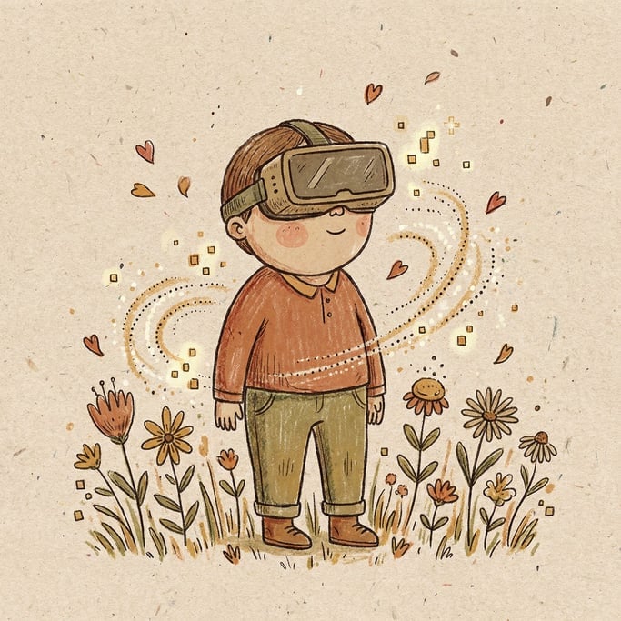 A person wearing VR goggles standing in a wildflower meadow