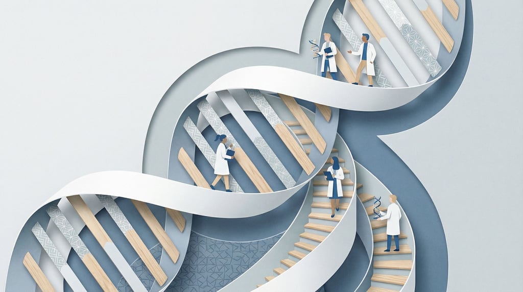 A DNA double helix rendered as a grand spiral staircase with tiny researchers walking along the step (gees1mqn)