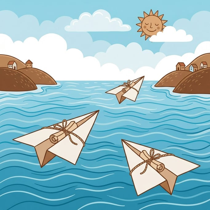 Paper airplanes carrying sealed letters flying across a wide ocean between two distant islands (luru7p8c)