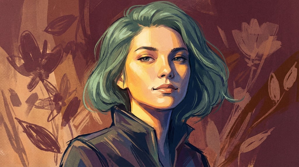 A digital portrait illustration of a young woman with teal-green hair against a warm burgundy backgr