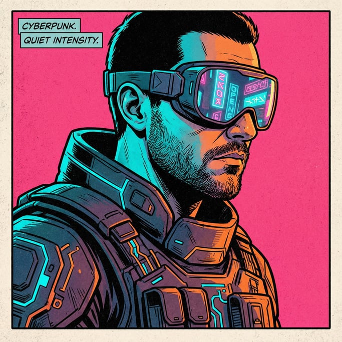Profile view of a cyberpunk character — a man in reflective VR goggles and tactical vest with visibl