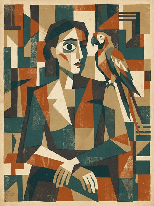 A Cubist-inspired illustration of a seated figure with a parrot