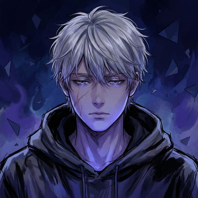 A manga-influenced portrait of a young man with silver hair and a scarred cheek