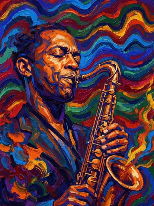 Eyes closed, saxophone raised — an expressionist jazz musician mid-performance dissolves into wild b