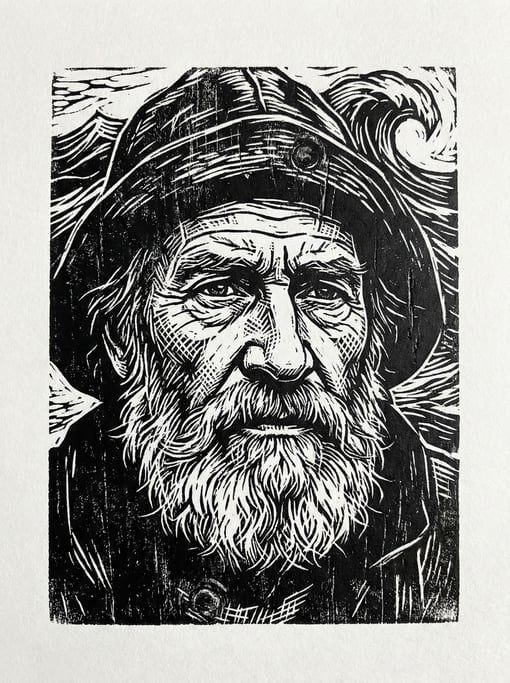 A woodcut-style portrait of a bearded fisherman, bold black lines carved into white