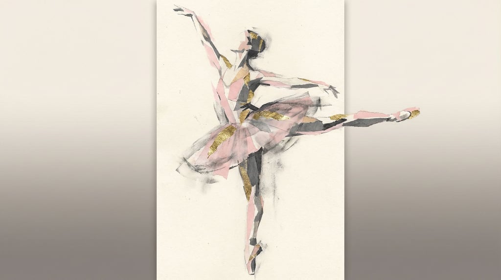 A portrait of a ballet dancer in motion, rendered as a collage of torn paper shapes in pale pink