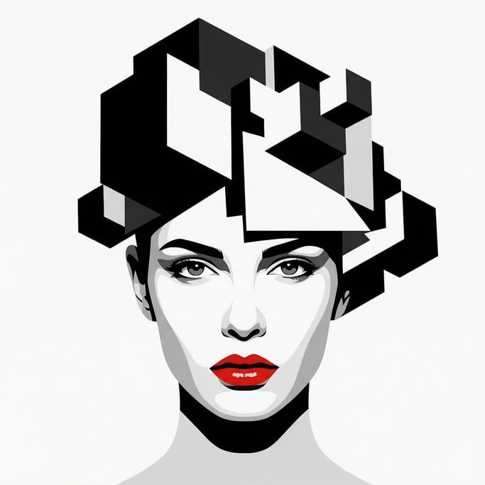 Stark black and white with a single accent of vermillion red on the lips — a fashion portrait of a m