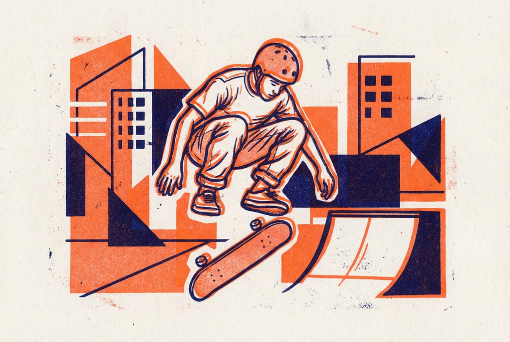 Two colors only — fluorescent orange and deep navy — with the slight misalignment and grain characte