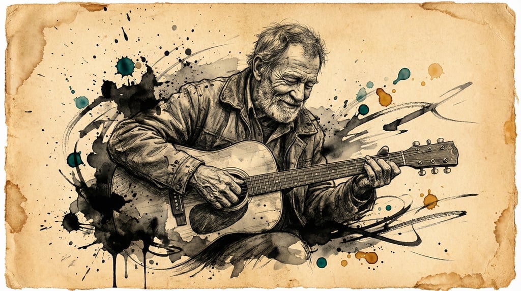 Controlled chaos of black ink splatters and drips on warm-toned paper — from this emerges an old blues musician playing guitar