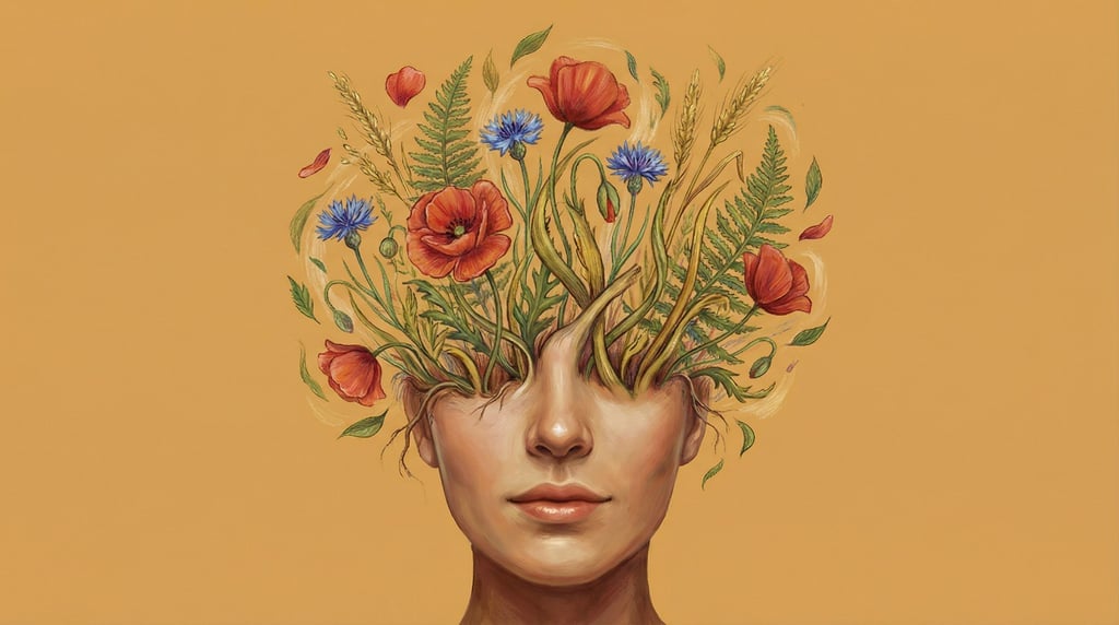 A surrealist portrait where a woman's head transitions into a bouquet of wildflowers