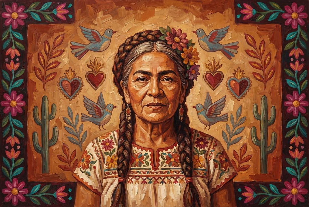 Rich earth tones with accents of deep magenta and turquoise frame a grandmother in the style of Frida Kahlo's self-portraits