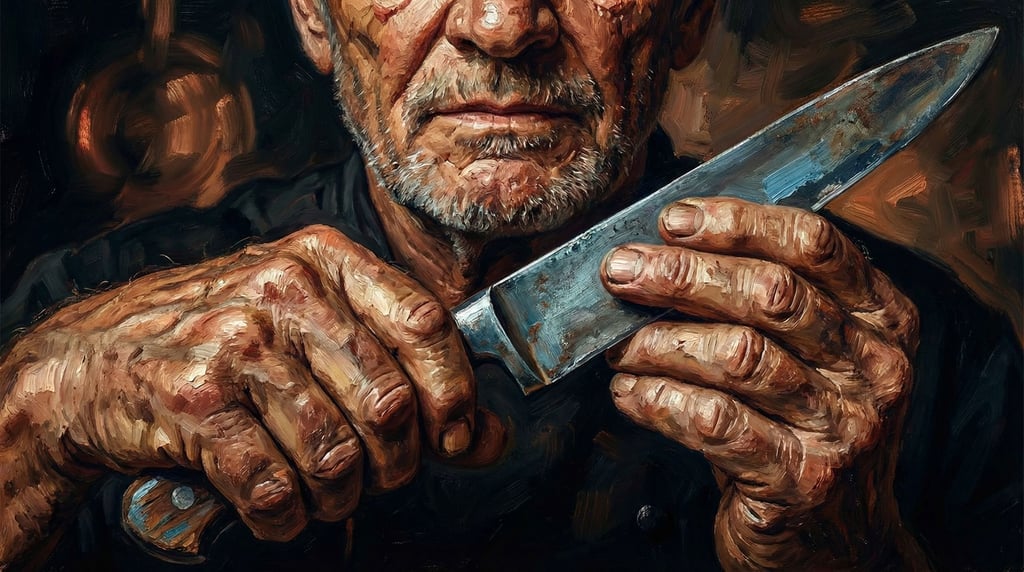 A portrait of a chef with weathered hands holding a knife