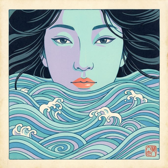 Only her face visible above the water surface