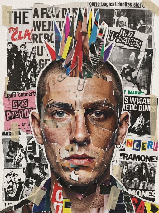 A portrait of a punk musician with a mohawk and safety-pin piercings