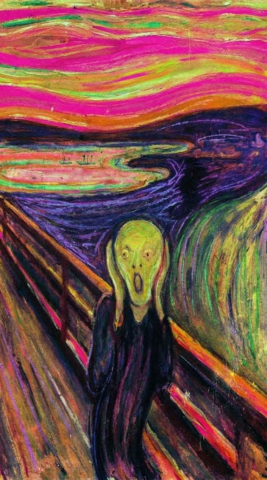 An expressionist portrait of a figure screaming into a void
