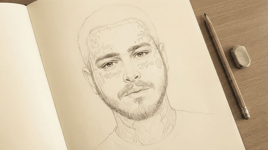 Delicate pencil-fine line work on warm cream paper traces a young man with face tattoos