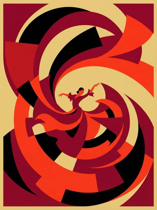 Red fabric explodes outward in a spiral — a flamenco dancer mid-spin