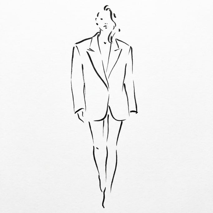 Perhaps twenty lines total define the entire figure — a fashion illustration of a model in an oversized blazer and nothing else