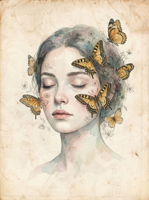 A portrait of a woman with her eyes closed and butterflies landing on her face and hair