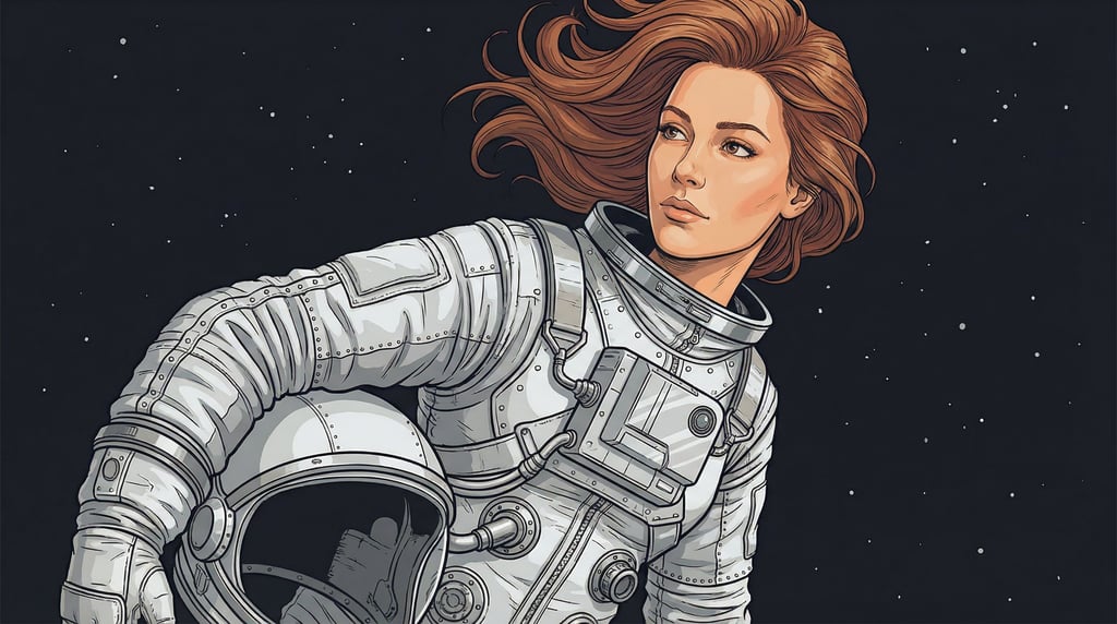 Floating hair suggests zero gravity as a woman in a spacesuit — helmet removed — gazes outward