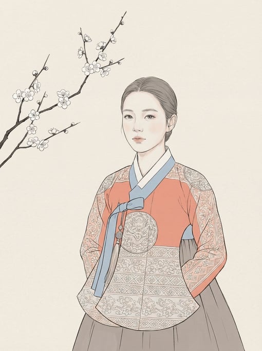 Delicate linear style of Korean court painting meets a contemporary palette of soft coral