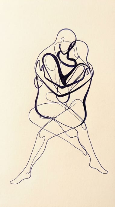 One continuous line that never lifts from the surface — two figures embracing