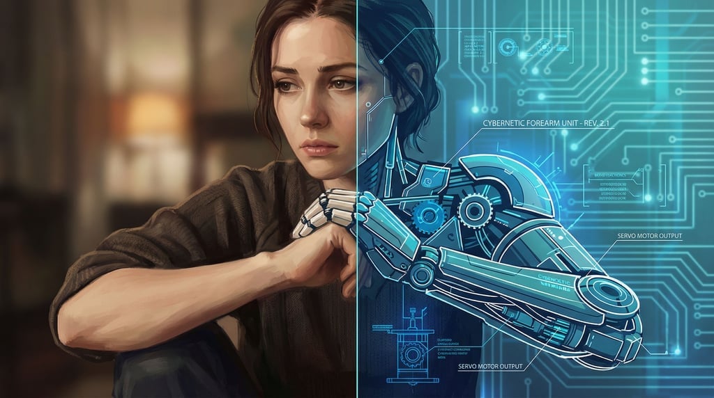 A cyberpunk portrait of a woman with a prosthetic arm rendered in a mashup of art styles — the biolo
