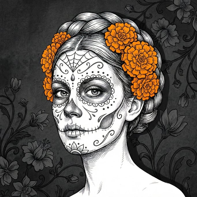 Every detail of the sugar skull makeup is rendered in fine black and white pen work — a figure in fu
