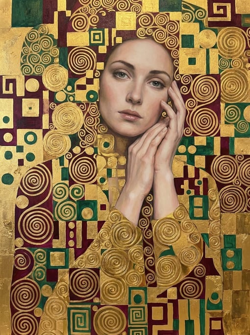 A Klimt-inspired portrait of a woman wrapped in elaborate golden geometric patterns