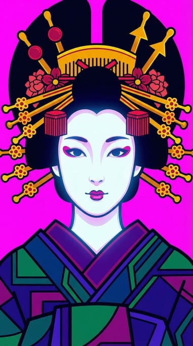 A portrait of a geisha with elaborate hair ornaments