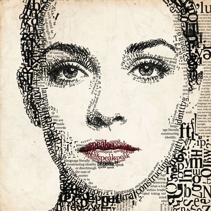 A portrait of a woman composed entirely of typographic elements