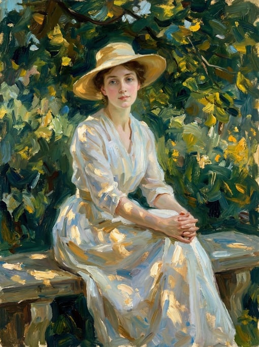 Dappled light falling through tree canopy creates a mosaic of warm and cool tones on a white dress —