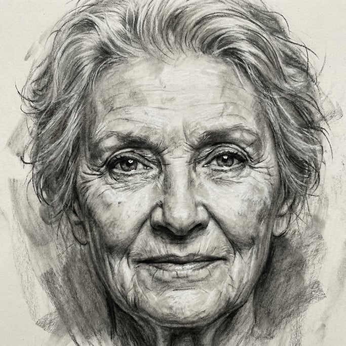 Expressive charcoal with areas rubbed and smudged into soft tonal gradations renders an elderly woman with deeply lined face