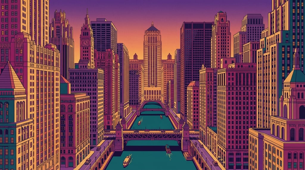 Rich purples and magentas and warm golds and deep teals fill a vibrant maximalist Art Deco cityscape