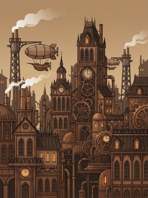 Brass towers and clockwork mechanisms visible in building facades define this steampunk city panorama