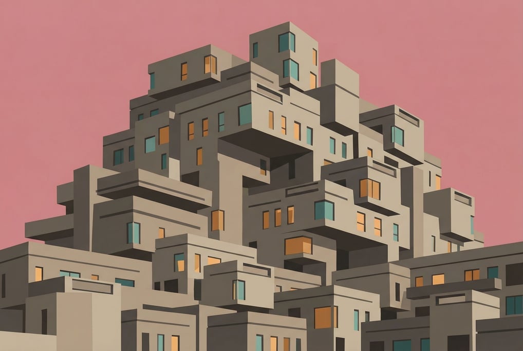 A brutalist architecture illustration showing a massive concrete housing block rendered as a heroic monument