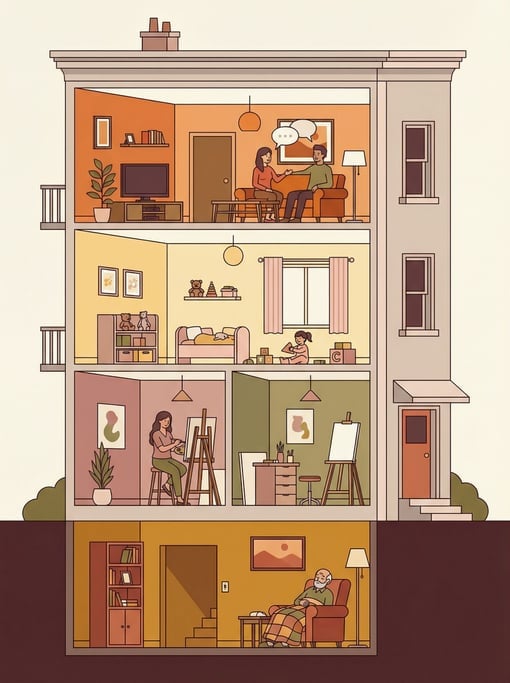 A cross-section illustration of a multi-story building showing all rooms simultaneously like a dollh