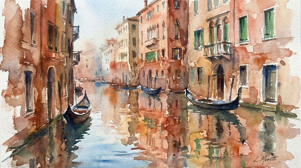 Loose watercolor washes render a Venice canal scene