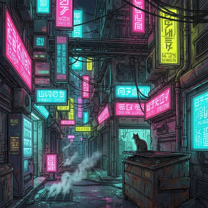 A cyberpunk alleyway illustration with impossibly dense signage in fictional characters stacked vert