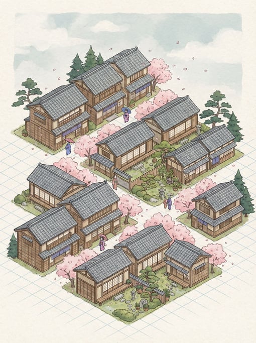 Each building carefully rendered with sliding doors, tiled roofs