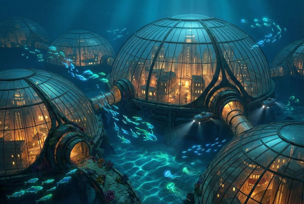 A city at the bottom of the ocean, domed glass structures containing entire neighborhoods