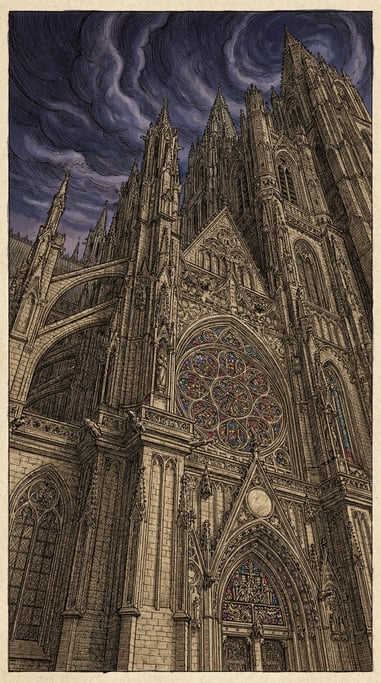 A Gothic cathedral illustration rendered in extreme detail showing every flying buttress, gargoyle