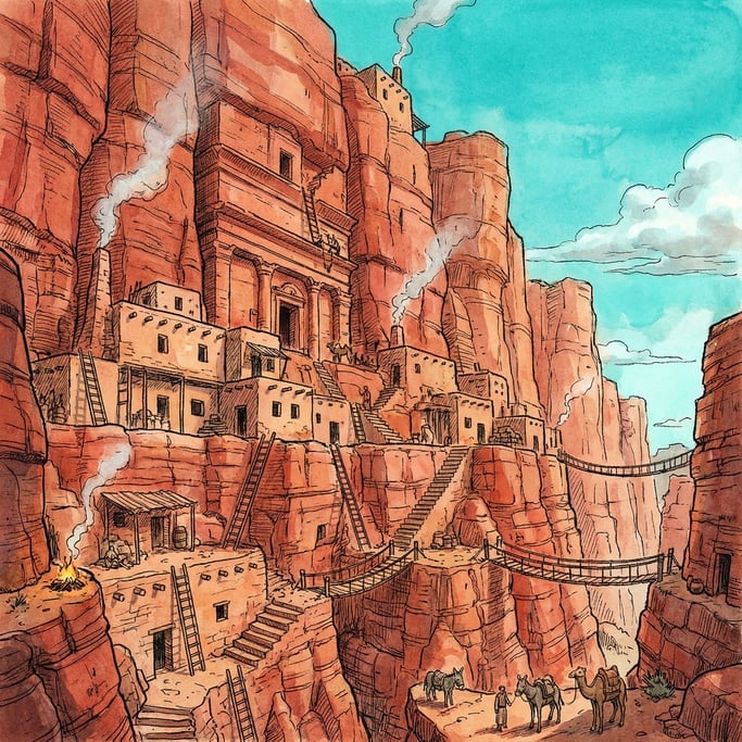 An illustration of a cliffside city carved into red rock, inspired by Petra and Mesa Verde